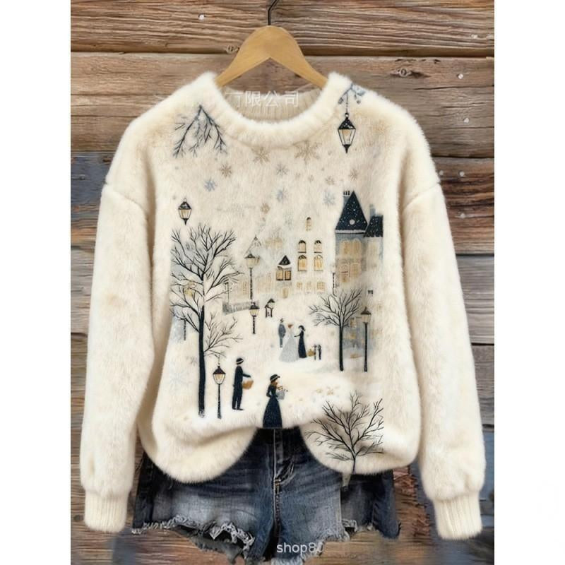 Digital-printed Christmas-patterned Women's Flannel Hoodie
