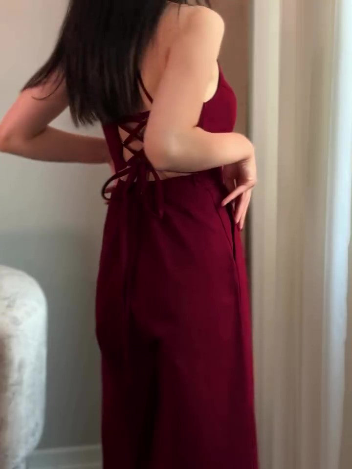 Burgundy Backless Lace-up Sleeveless Jumpsuit