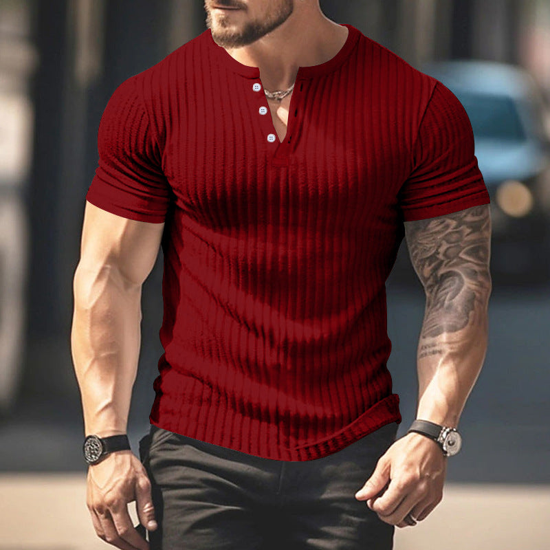 Men's Casual Short Sleeve  T-shirt Summer Sunken Stripe V-neck Slim Fit Henley Shirts Basic Tops