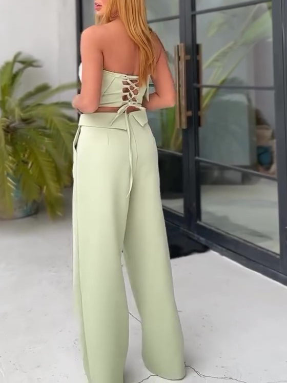 Fruit Green Strapless High-waisted Pants Suit