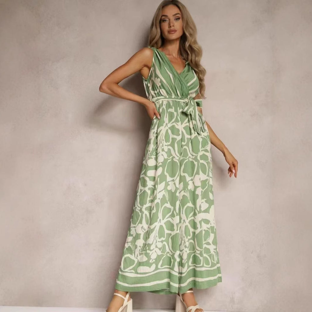 Women's Fashionable Casual V-Neck Printed Sleeveless Jumpsuit