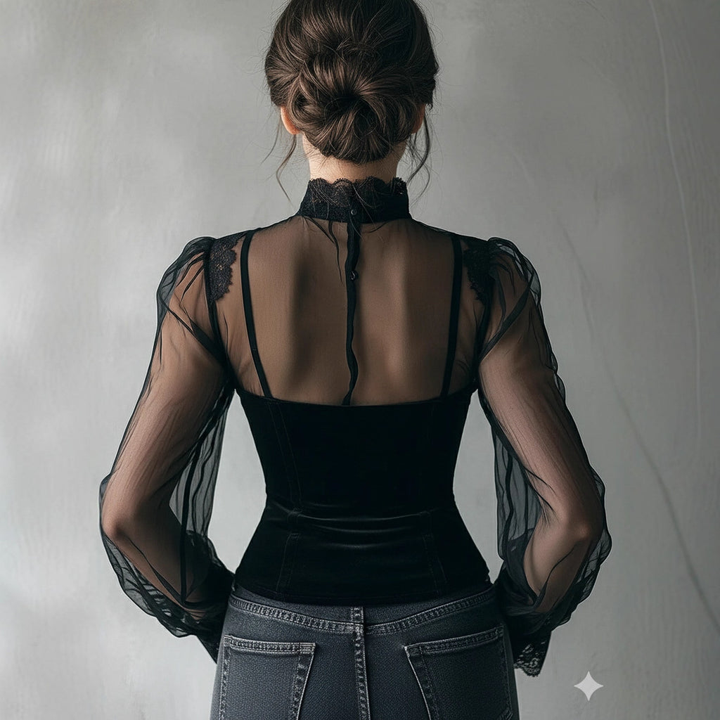 Mesh-panel Black Lace Top With Hollow-out Floral Trim