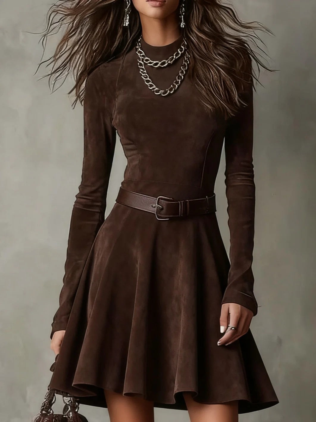 Fashion New Elegant Vintage Graceful Solid Color Half High Neck Long-sleeve Round-collar Short Dress High Waist Pleasted Zipper Slim Dresses Female Fall Chic Cloth