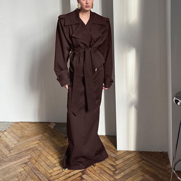 Turn-down Collar Long-sleeve Trench Coat And Commuter Two-piece Set