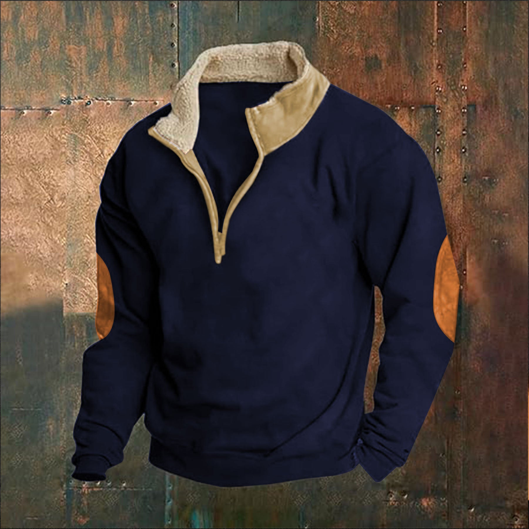 Retro Patchwork Half Cardigan Men's Long-sleeved Sweater