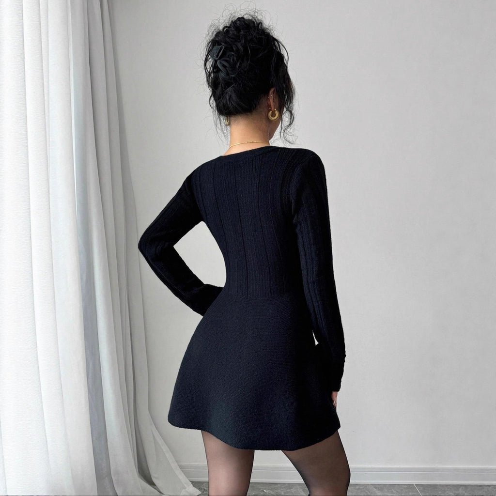 Women's Solid-Color V-Neck Knitted Dress
