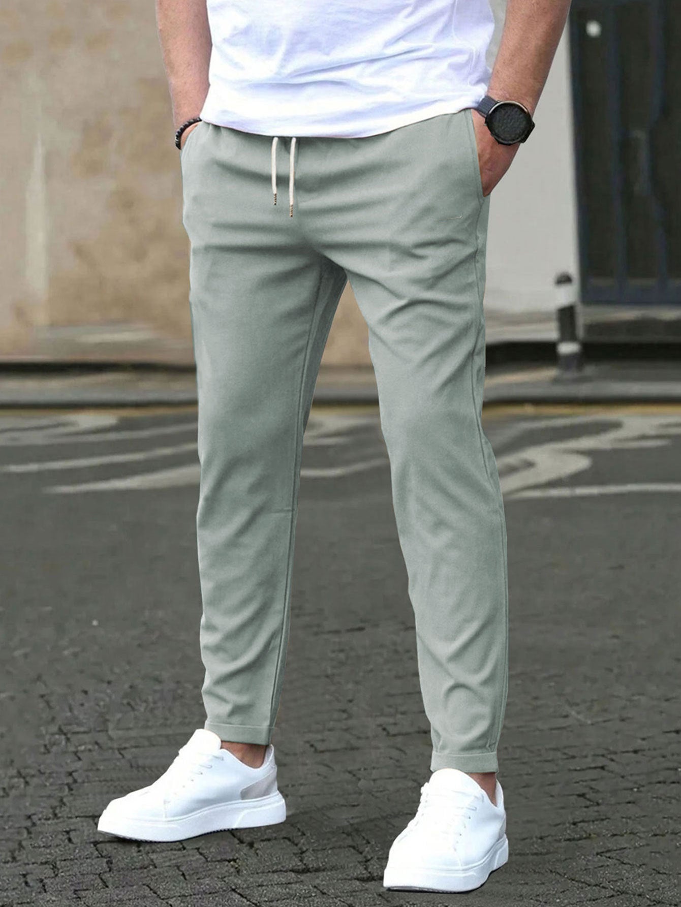Casual Slim Fit Leather Tag Cropped Pants Solid Color Pants