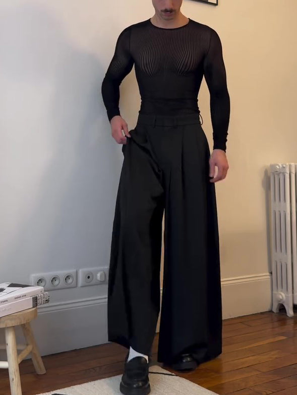 Black Mesh Long-Sleeve Top With Sheer Design