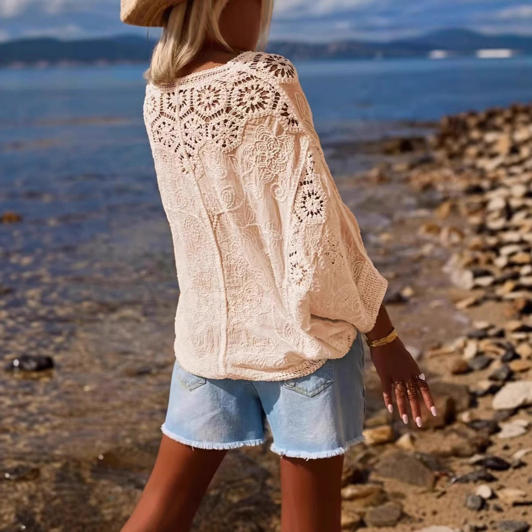 V-neck Hollow-out Knit Top With Three-quarter Sleevesloose-fit