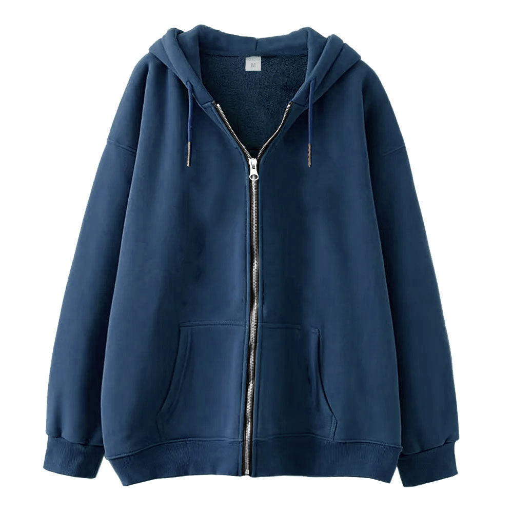 Full-zip Hoodie With Fleece-lined Solid-color Sweatshirt