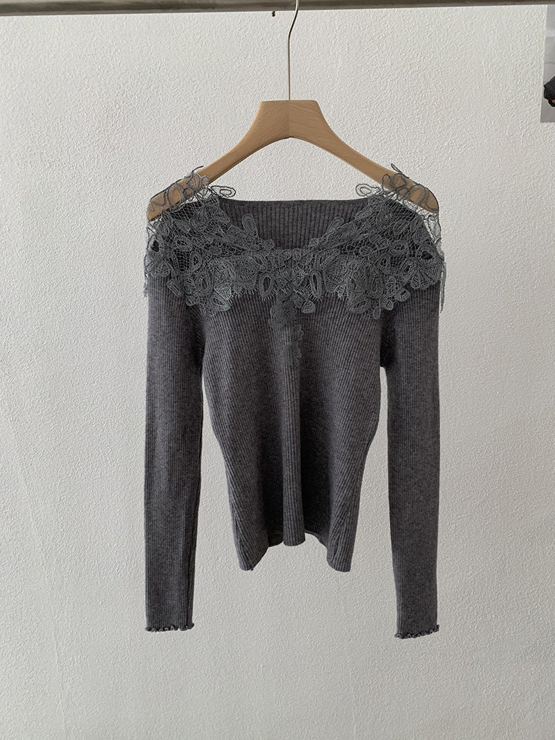 Hollow-out Lace Patchwork V-neck Knitted Sweater For Women, New AutumnWinter Style
