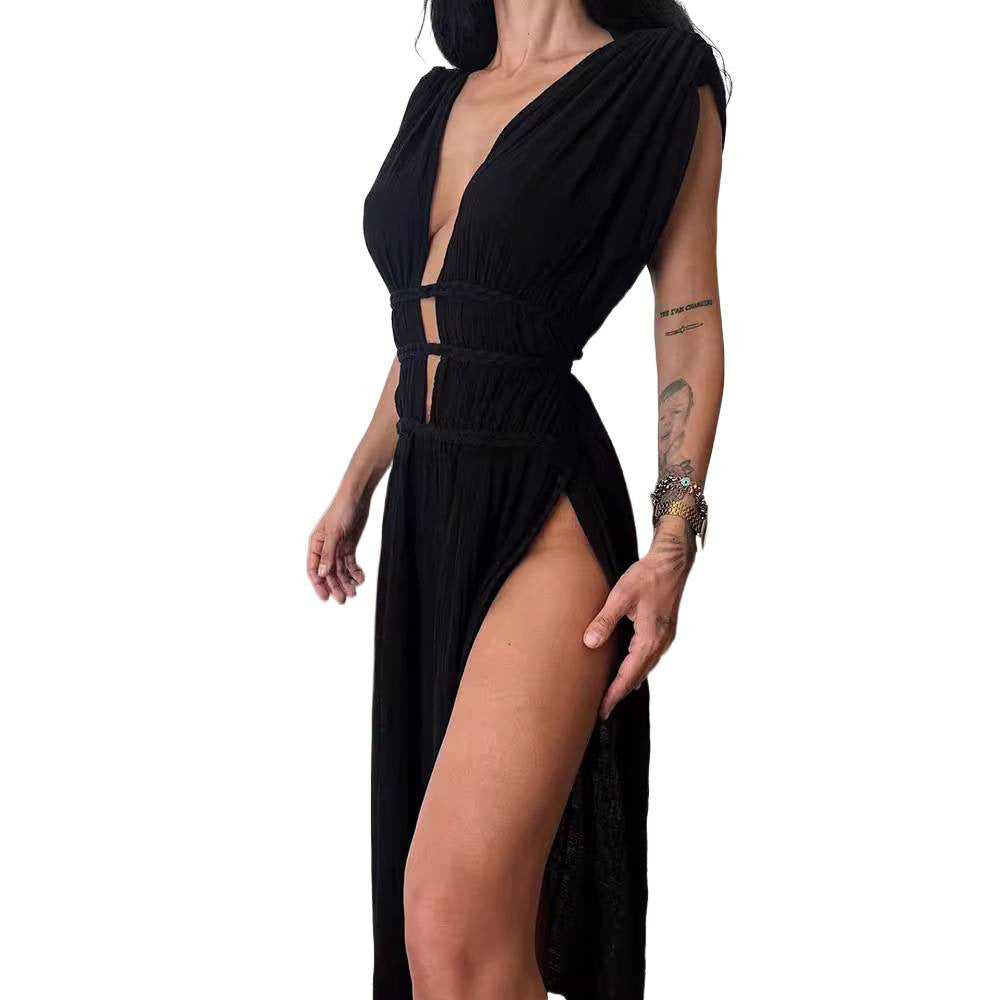 Women's Solid-Colored Linen-blend Sleeveless Hollow-out Dress With Waist Belt