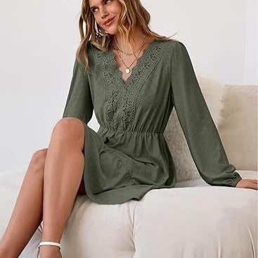 Women's Lace Hollow-Out Embroidered V-Neck Long-Sleeve Dress