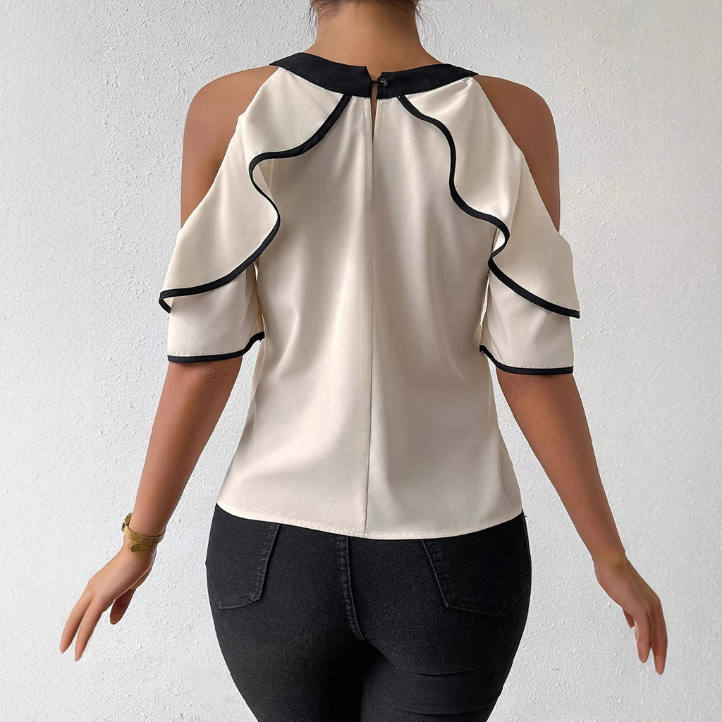 Elegant Double-layer Short-sleeve Shirt With A Bow-tie Neckline