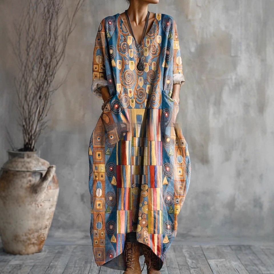 Women's Retro Floral V-Neck Dress With Pockets