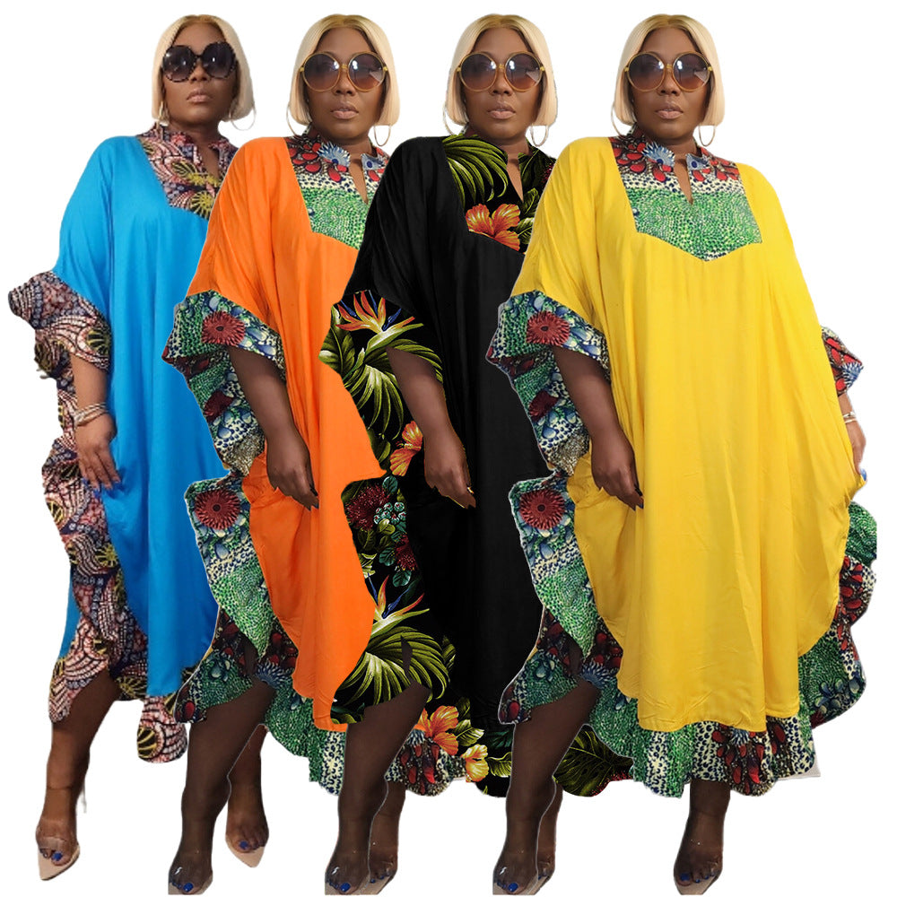 Lace-trimmed Printed Patchwork Plus-size Dress