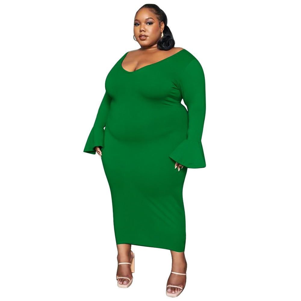 Fashionable And Sexy Plus-Size Women's Solid-Color Elegant V-Neck Maxi Dress