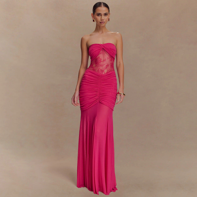 Strapless Lace-panelled Asymmetrical Dress