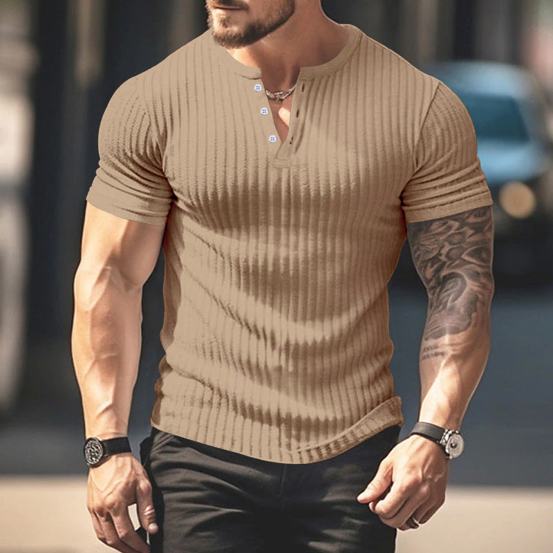 Men's Casual Short Sleeve  T-shirt Summer Sunken Stripe V-neck Slim Fit Henley Shirts Basic Tops