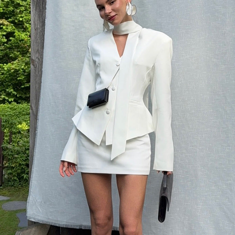 Turtleneck V-neck Long-sleeve Waist-cinching Suit Jacket And Sheath Skirt Two-piece Set