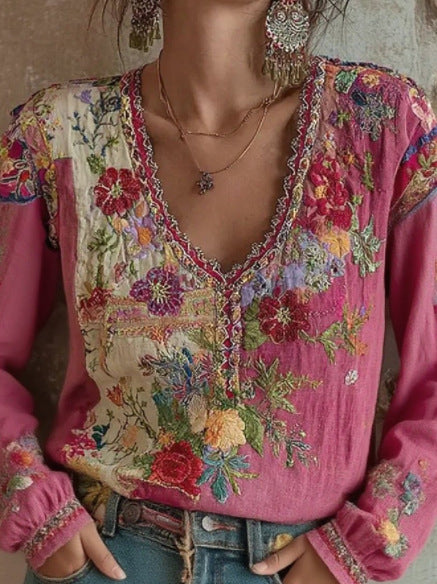 Artistic Printed Crew Neck Long-sleeve Blended Fabric T-shirt Blouse With Ethnic Style