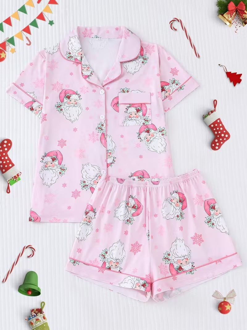 Cute Cartoon Pajama Set With A Turn-down Collar Short Sleeves