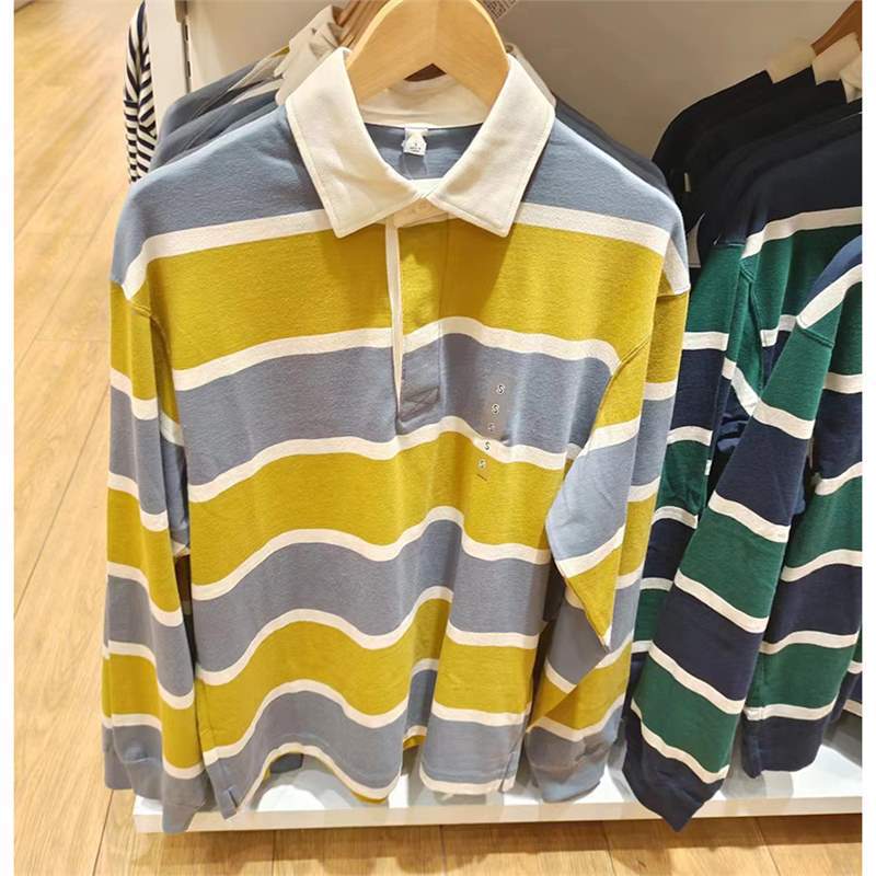 Casual Polo Shirt Long-sleeve Loose-fit Striped T-shirt