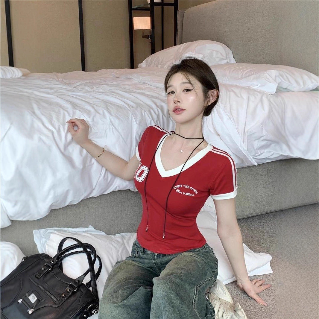 Retro-style V-neck Contrast-color Straight-shoulder Short Sleeves