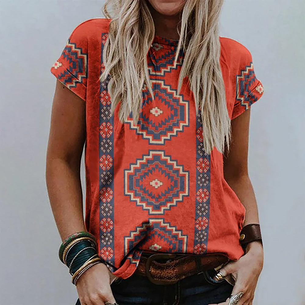 Women's Retro Floral-print Short-sleeve Top
