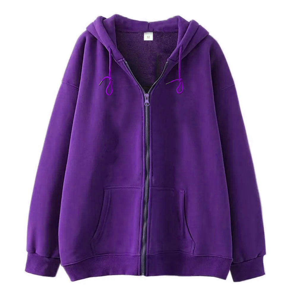 Full-zip Hoodie With Fleece-lined Solid-color Sweatshirt