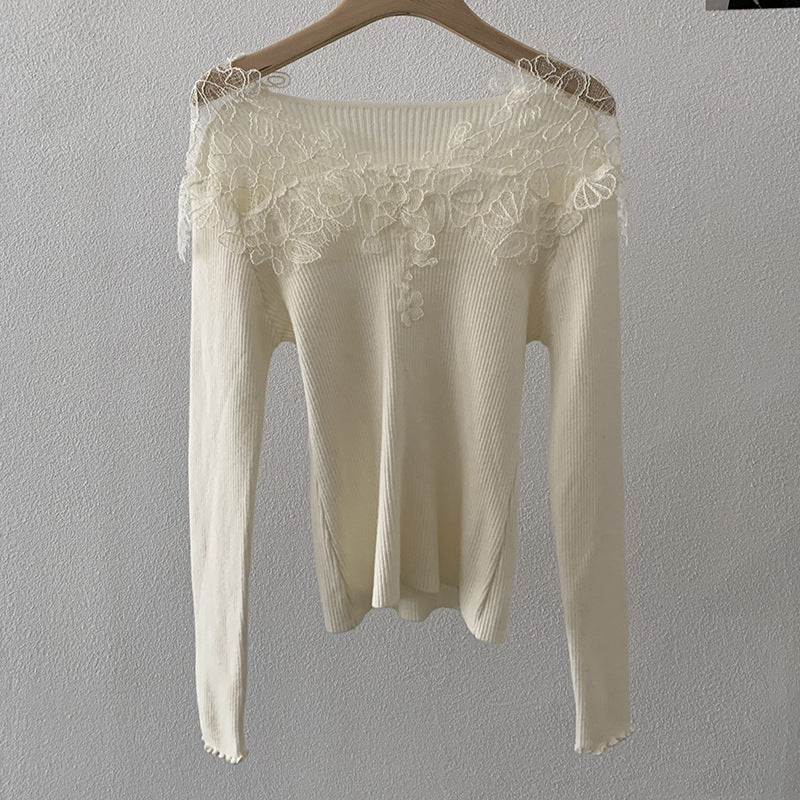 Hollow-out Lace Patchwork V-neck Knitted Sweater For Women, New AutumnWinter Style