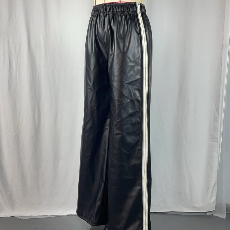 Solid-color Leather-patchwork Wide-leg Pants