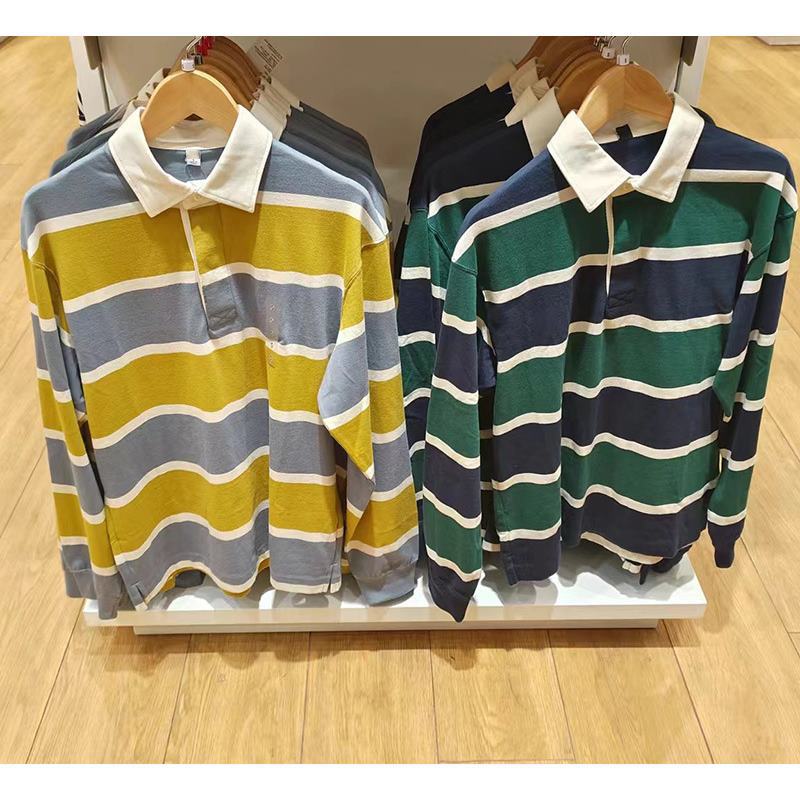 Casual Polo Shirt Long-sleeve Loose-fit Striped T-shirt