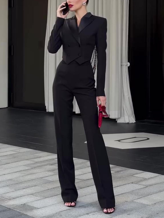 Black Backless Beaded Cropped Blazer & High Waist Pants Set
