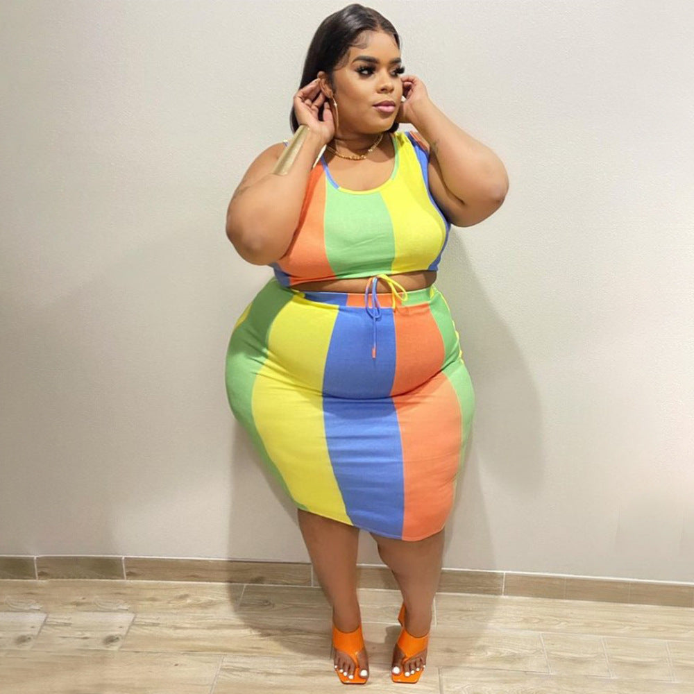 Sleeveless Color-Printed Pencil Skirt Trendy Elegant Plus-Size