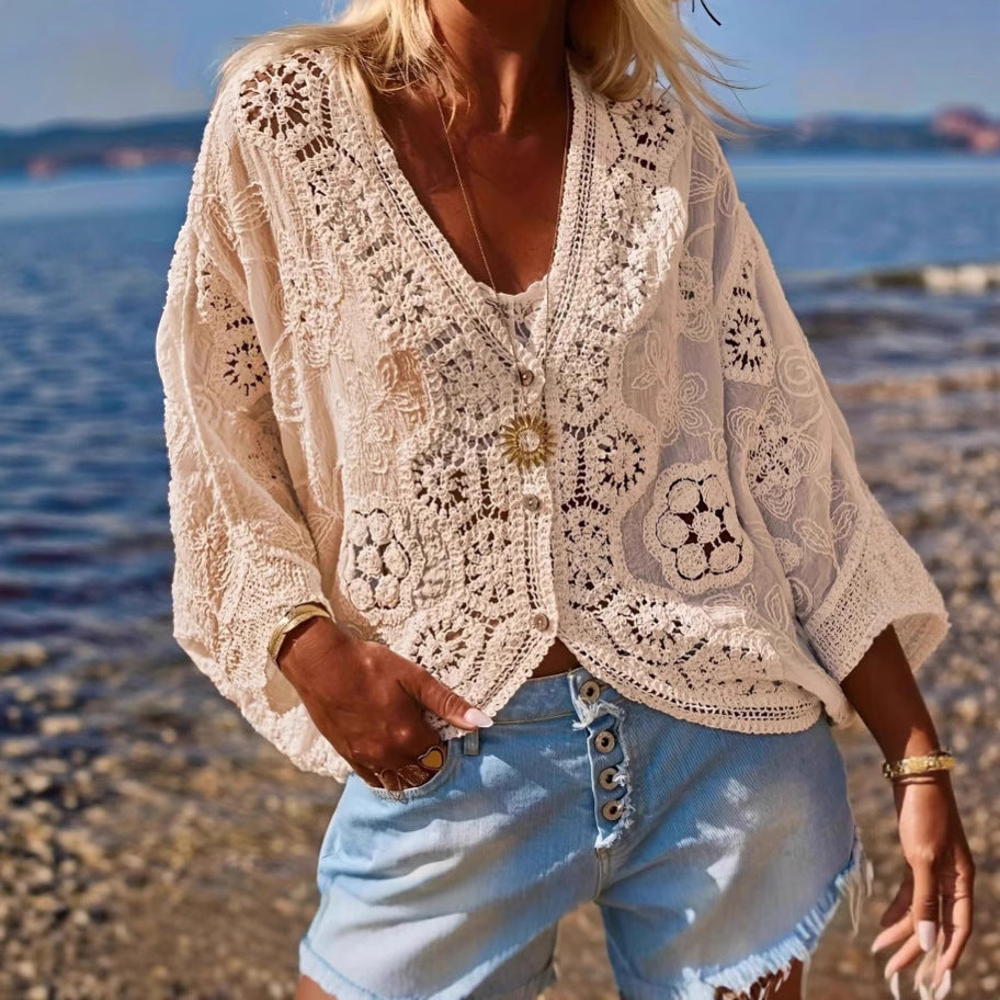 V-neck Hollow-out Knit Top With Three-quarter Sleevesloose-fit