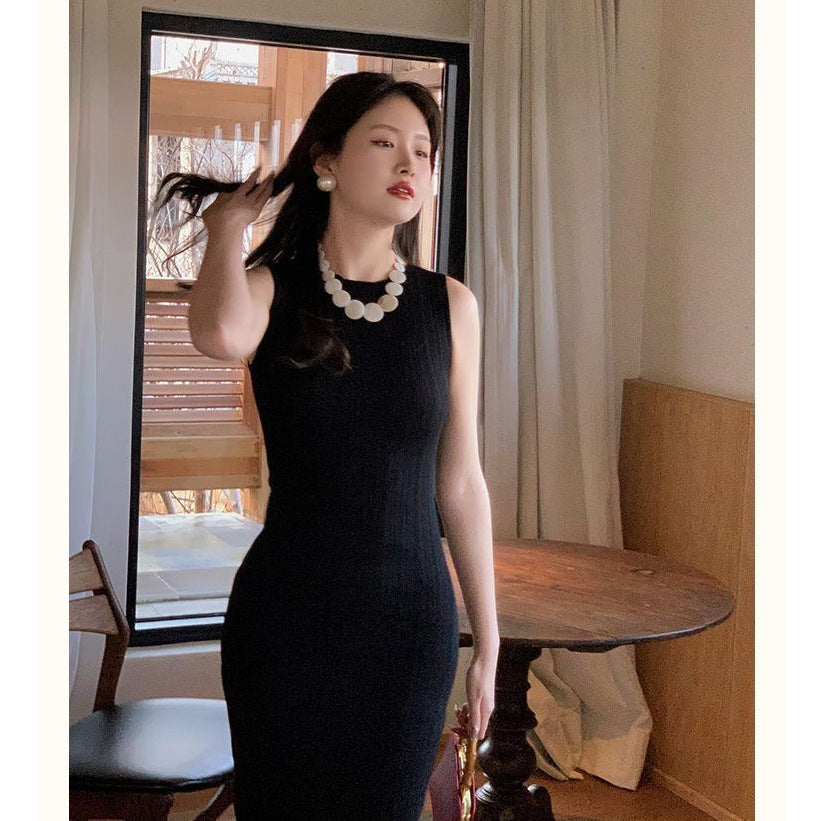 Retro Sleeveless Knitted Vest Women's Waist-Cinching Slimming Sheath Dress