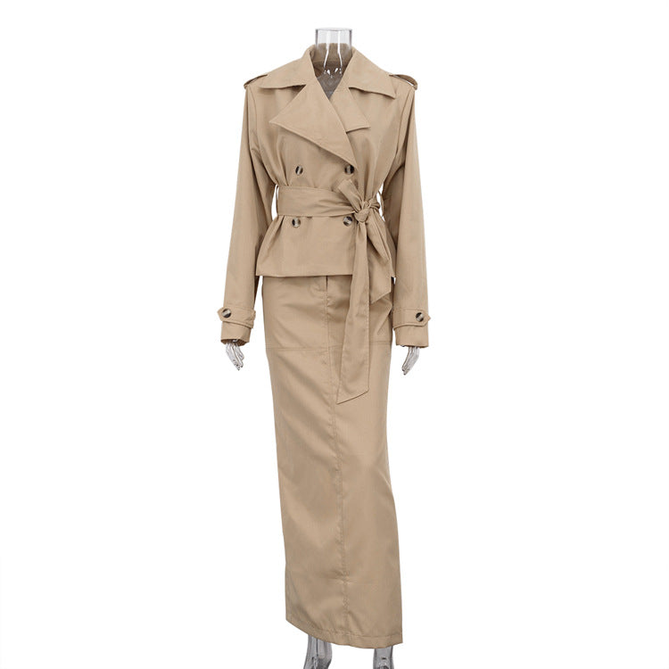 Turn-down Collar Long-sleeve Trench Coat And Commuter Two-piece Set