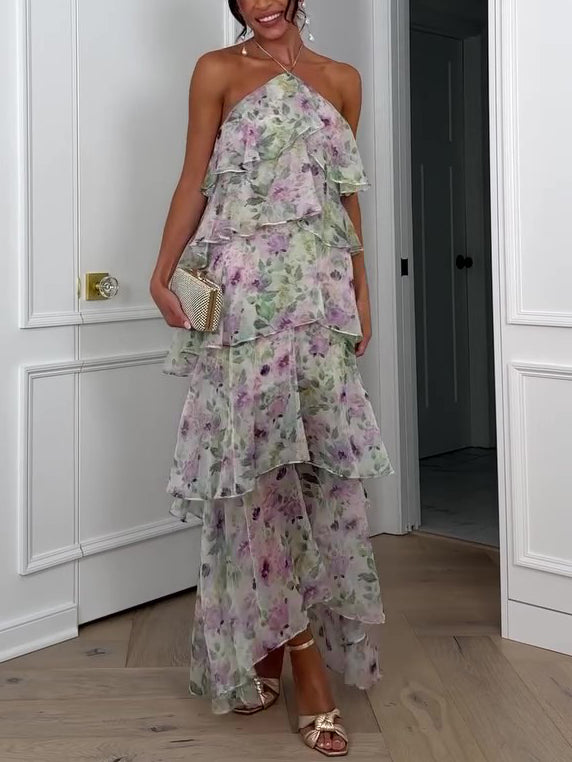 Floral Halterneck Sleeveless Ruffle Dress