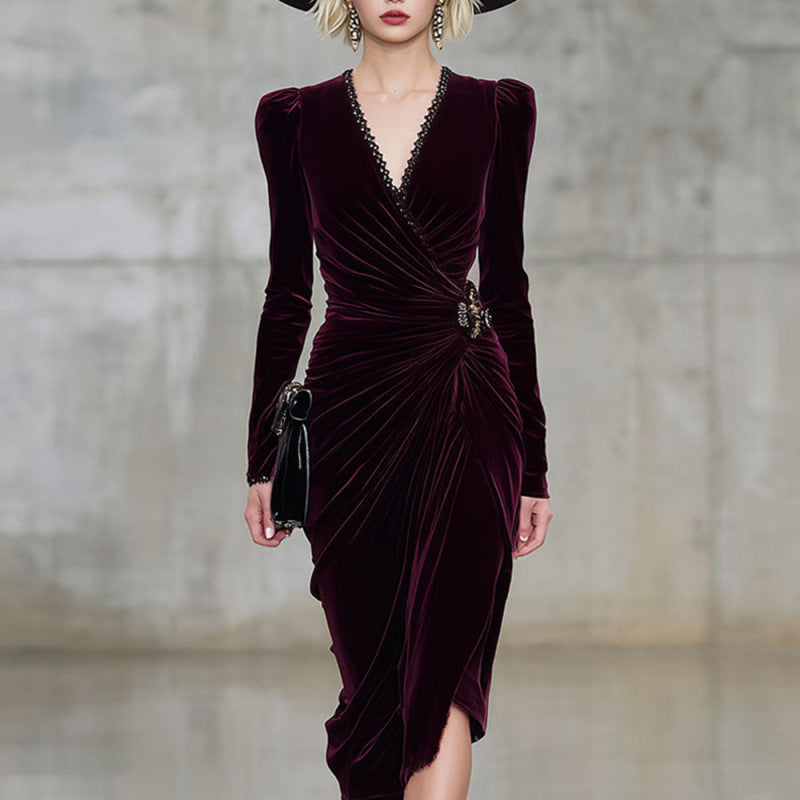 V-neck Sexy Long-sleeve Figure-flattering Pleated Velvet Sheath Dress
