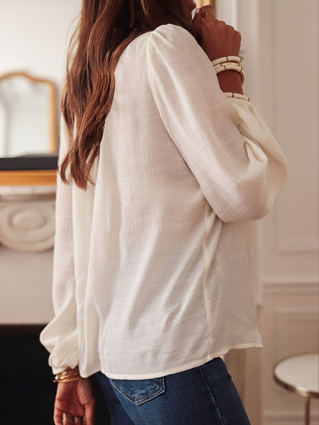 Women's Casual Solid-Color Hollowed-Out Lace Loose Shirt