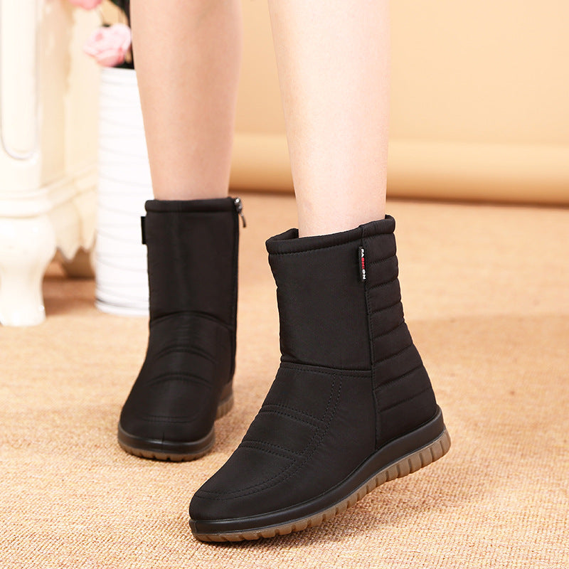 Women's Mid-tube Flat-bottomed Plus Velvet Thick Warm Cotton Shoes