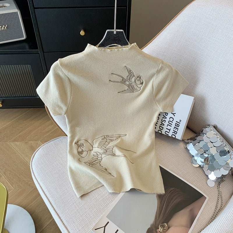 Fashionable Retro Embroidered Short-Sleeve T-Shirt Elegant Versatile Stand-Up Collar Cropped Top