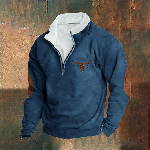 Retro Patchwork Half Cardigan Men's Long-sleeved Sweater