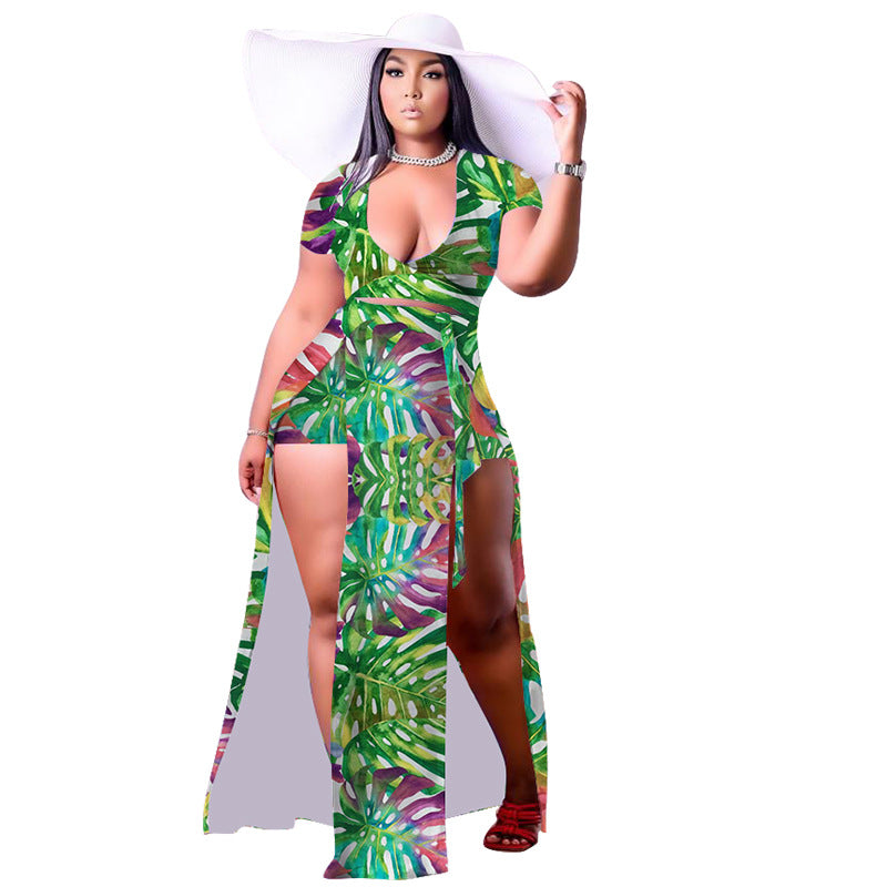New Summer Digital-print Dress And Short-sleeve Two-piece Set