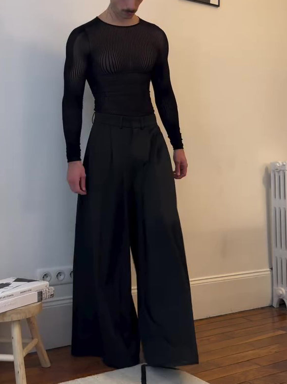 Black Mesh Long-Sleeve Top With Sheer Design