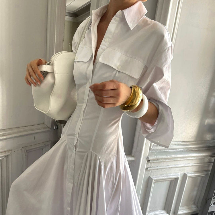 Turn-down Collar Long-sleeve Pleated Single-breasted Shirt Dress
