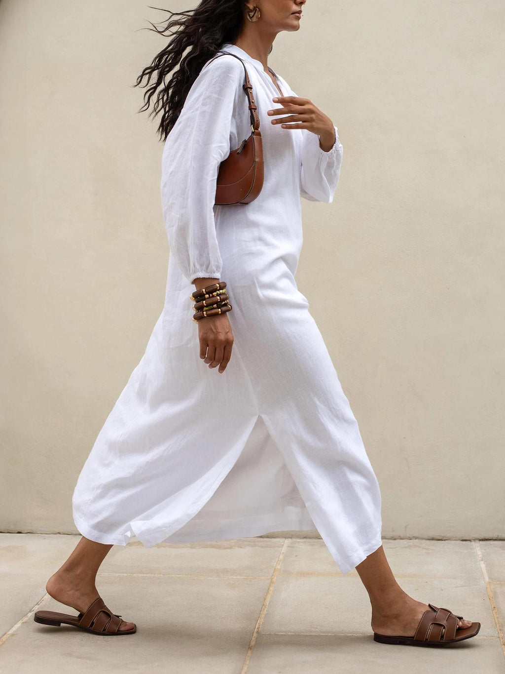Solid Color V-neck Long Sleeve Dress