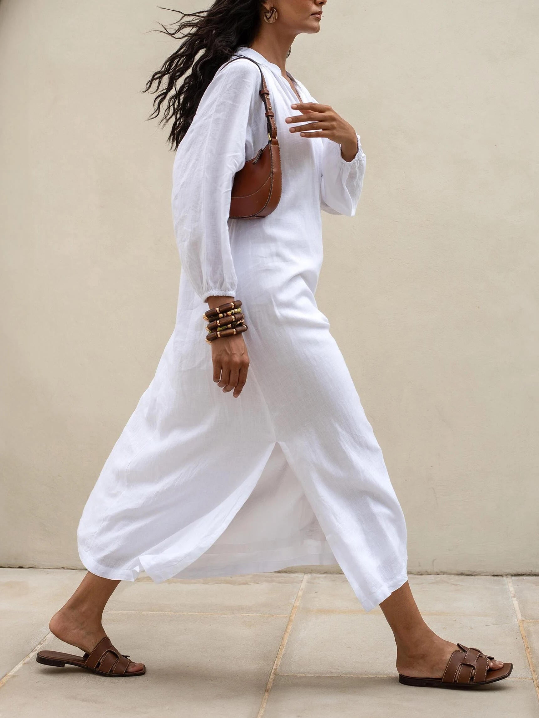 Solid Color V-neck Long Sleeve Dress