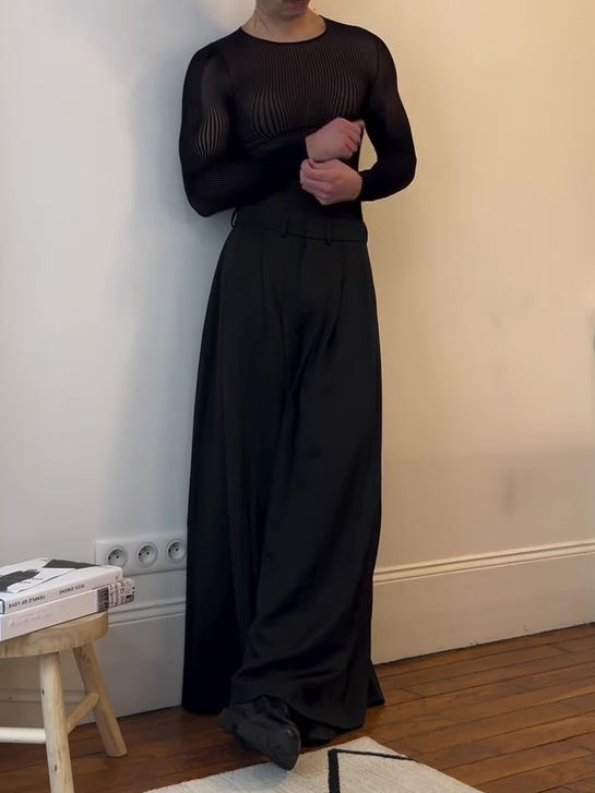 Black Mesh Long-Sleeve Top With Sheer Design